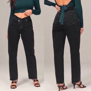 Abercrombie & Fitch Curve Love The Dad High Rise Asymmetrical Jeans Black 28 6S‎